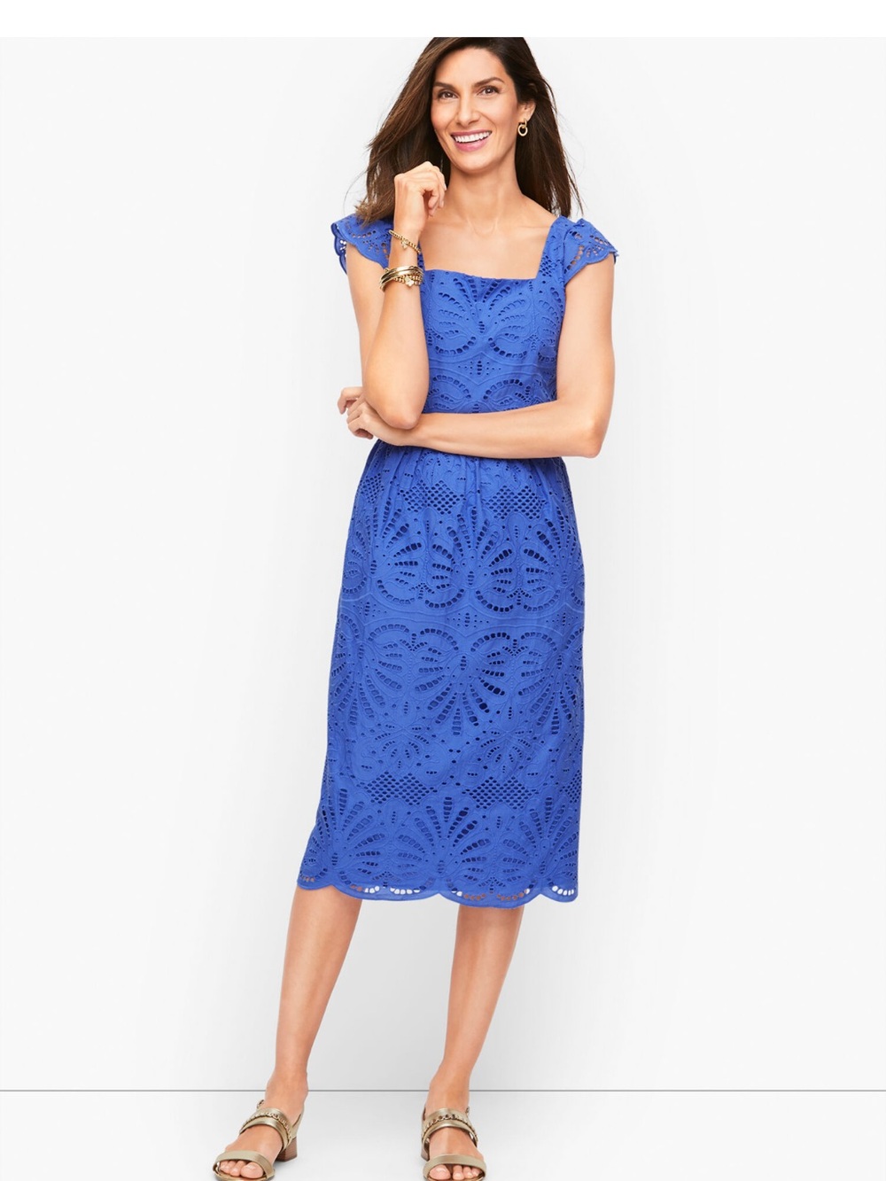 Talbots Royal Blue Eyelet Midi Dress with Square Neck Size 12